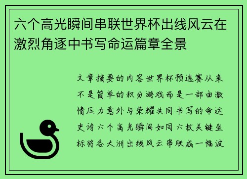 六个高光瞬间串联世界杯出线风云在激烈角逐中书写命运篇章全景