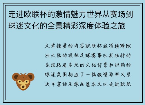 走进欧联杯的激情魅力世界从赛场到球迷文化的全景精彩深度体验之旅