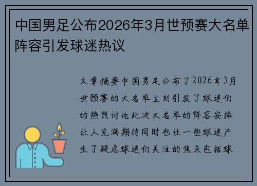 中国男足公布2026年3月世预赛大名单阵容引发球迷热议